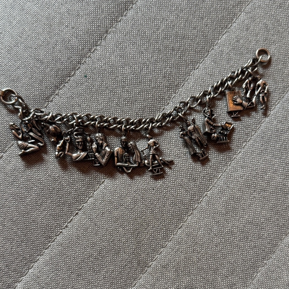 Vintage signed Coro Silver Ten Commandments Charm Bracelet
